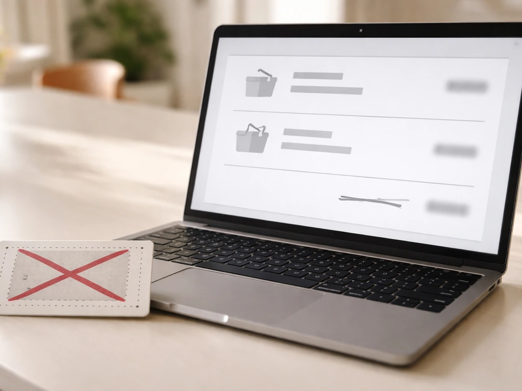 Close-up of a shopping cart with crossed-out coupon concept and shipping-offer comparison, no readable text.