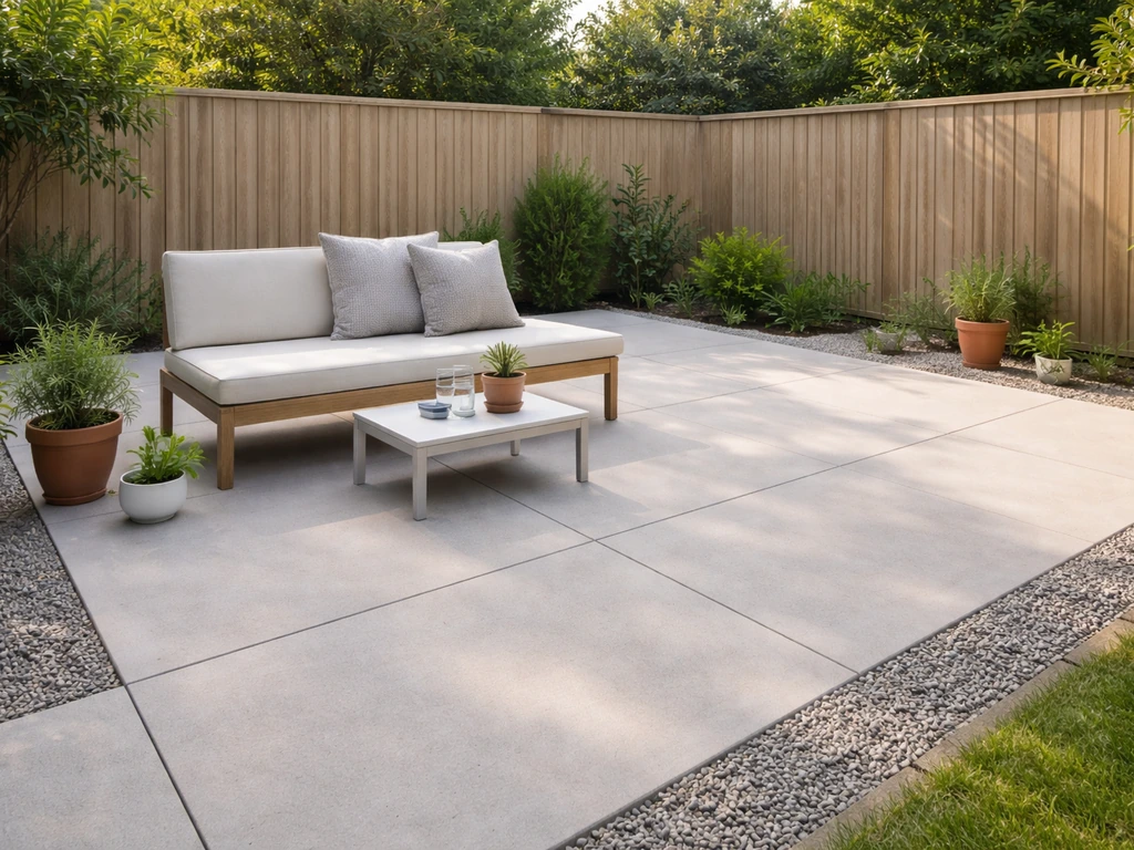 Bright, tidy backyard patio with minimal furniture and neat edges, suggesting a simplified low-maintenance patio plan.