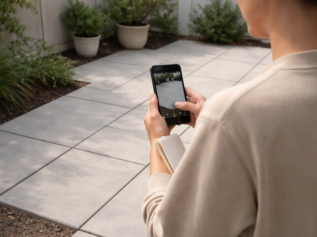 Homeowner walks along backyard patio, taking photos with a phone and holding a notepad.