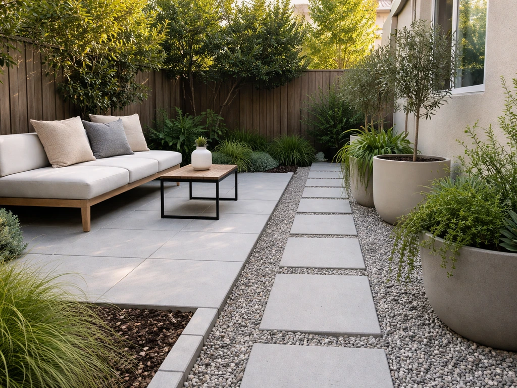 Zoned patio with pavers for seating and gravel walking path separated by a low border and planters.