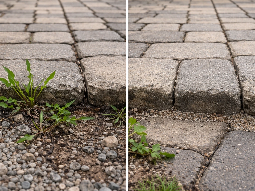 Close-up of gravel landscaping with missing weed barrier and weeds pushing through pavers joints.