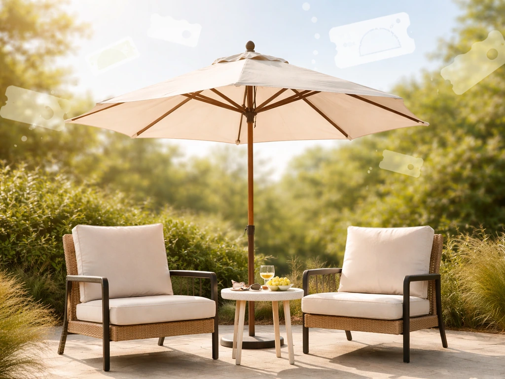 Sunlit patio with umbrella and furniture, subtle abstract promo savings overlay, no readable text.