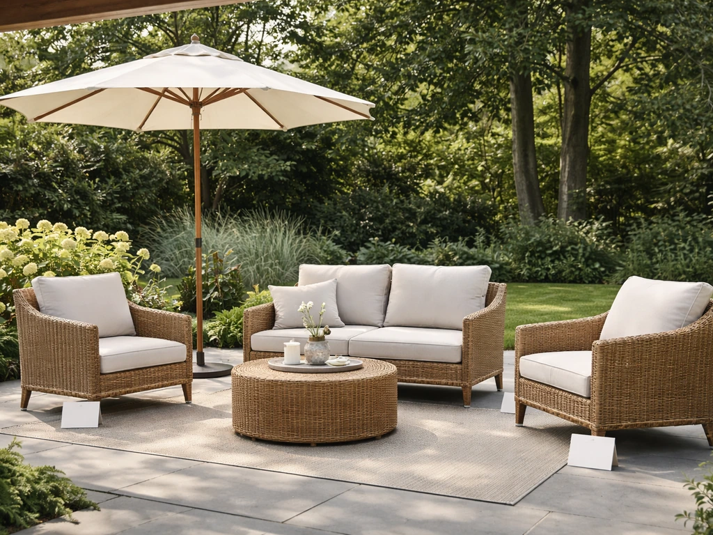 Outdoor furniture set with umbrella and pergola beam in a backyard patio display.
