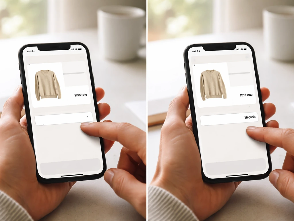Hands typing a promo code into a checkout discount field, with one product card showing a discounted price.