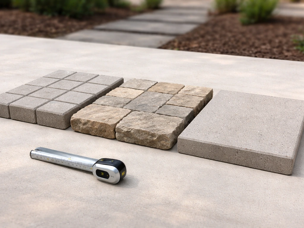 Three small patio material samples—concrete pavers, natural stone, and concrete slab—laid side by side outdoors.