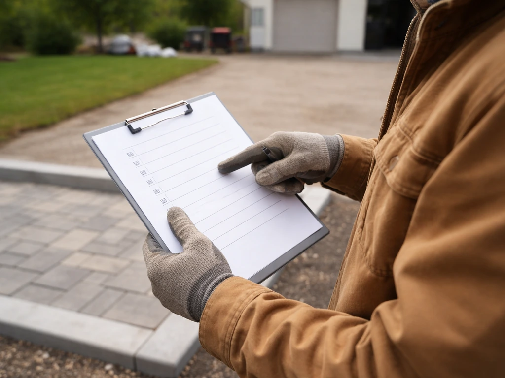 Anonymous contractor reviews a printed permit/safety checklist with a clipboard at a residential patio jobsite.