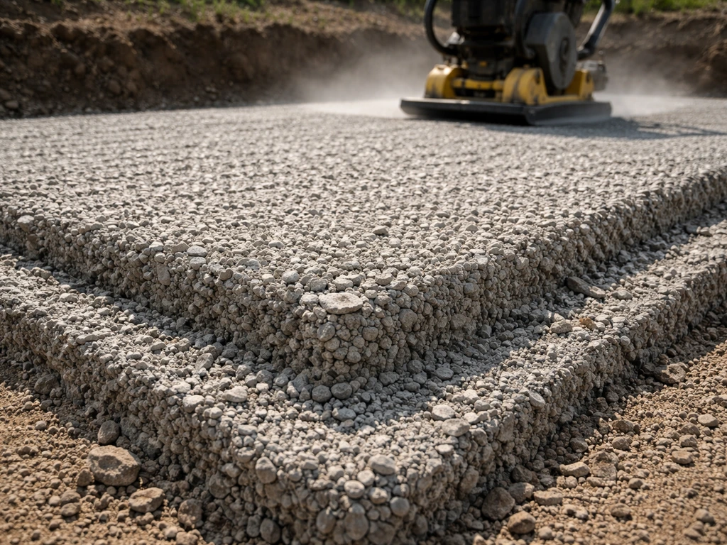 Plate compactor compacting crushed gravel in lifts on an excavated patio base.