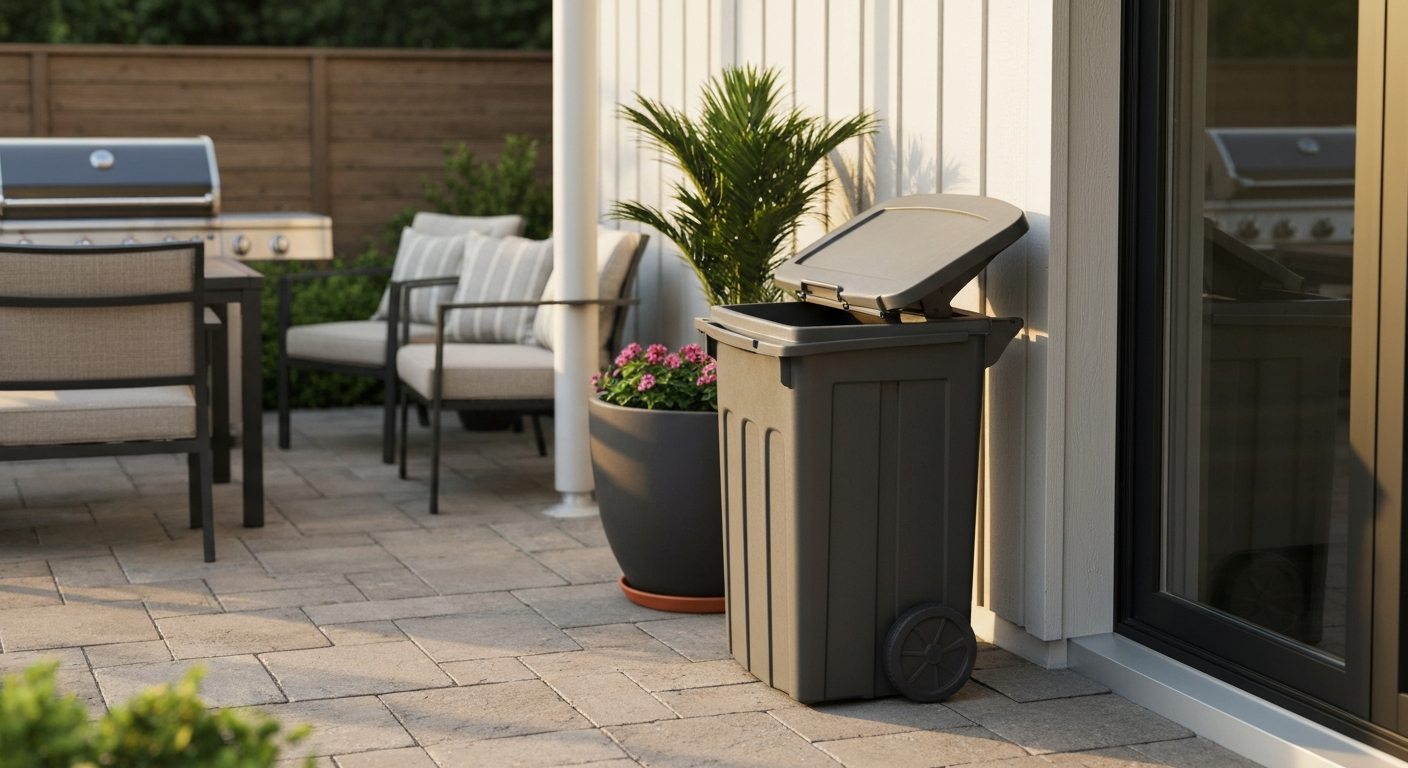 Modern patio with a composite outdoor trash can with a gasketed lid near a grill and seating area, shown in partial shade on stone pavers.