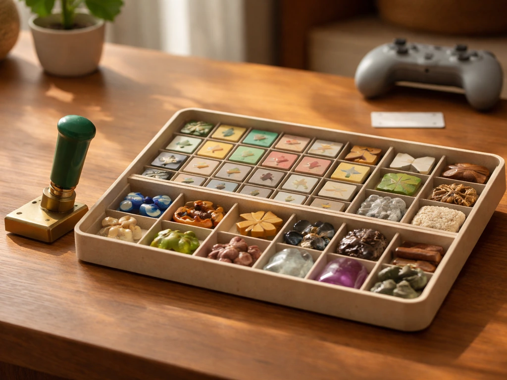Minimal in-game scene showing a handheld stamp and tile inventory items lined up before placing tiles