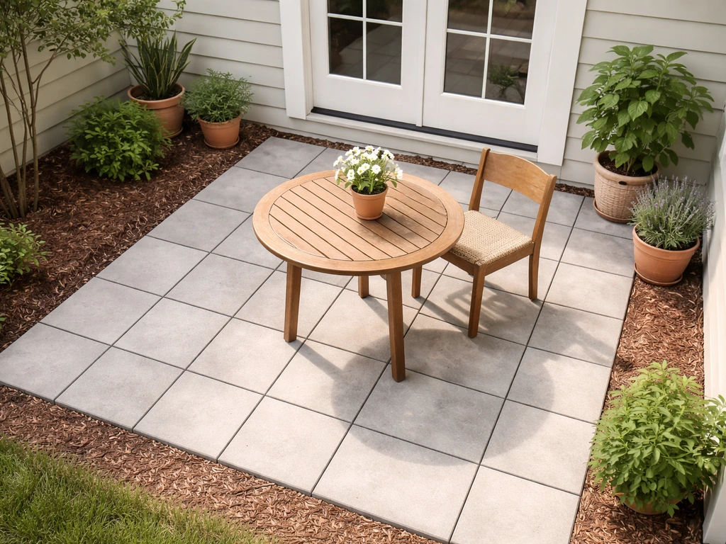 Cozy 4x4 patio layout with a centered small round table on a clean single-tile slab pattern.