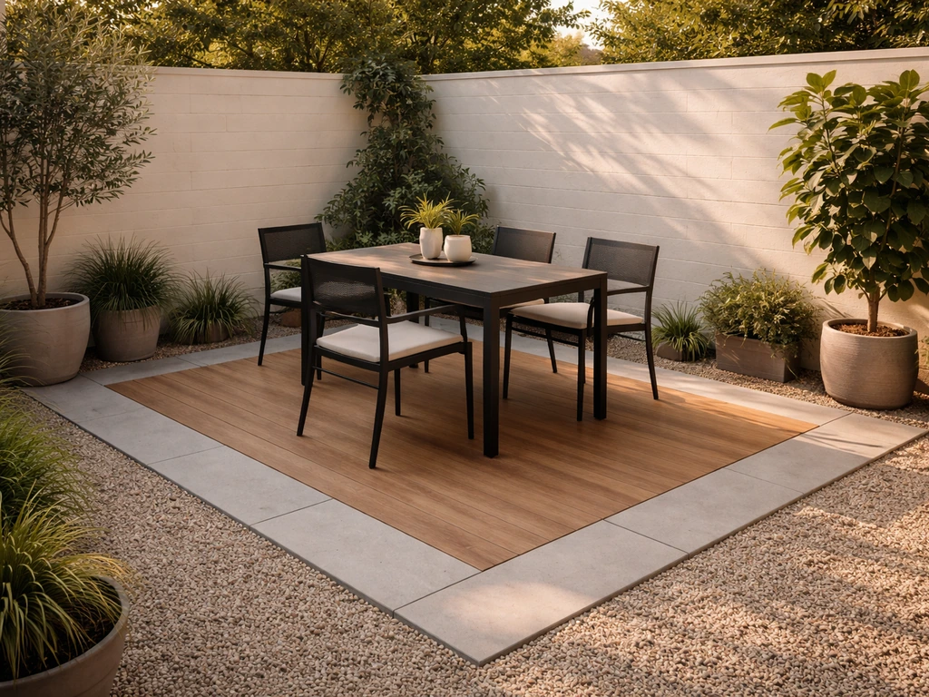 Cozy 5x7 patio with wood-plank inner paving, light stone trim, and a centered outdoor dining table.