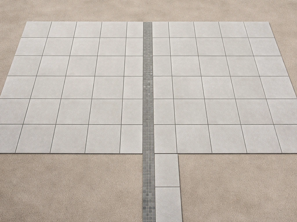 Minimal top-down view of an 8x10 patio tile layout with dining and lounge zones connected by an accent pathway.