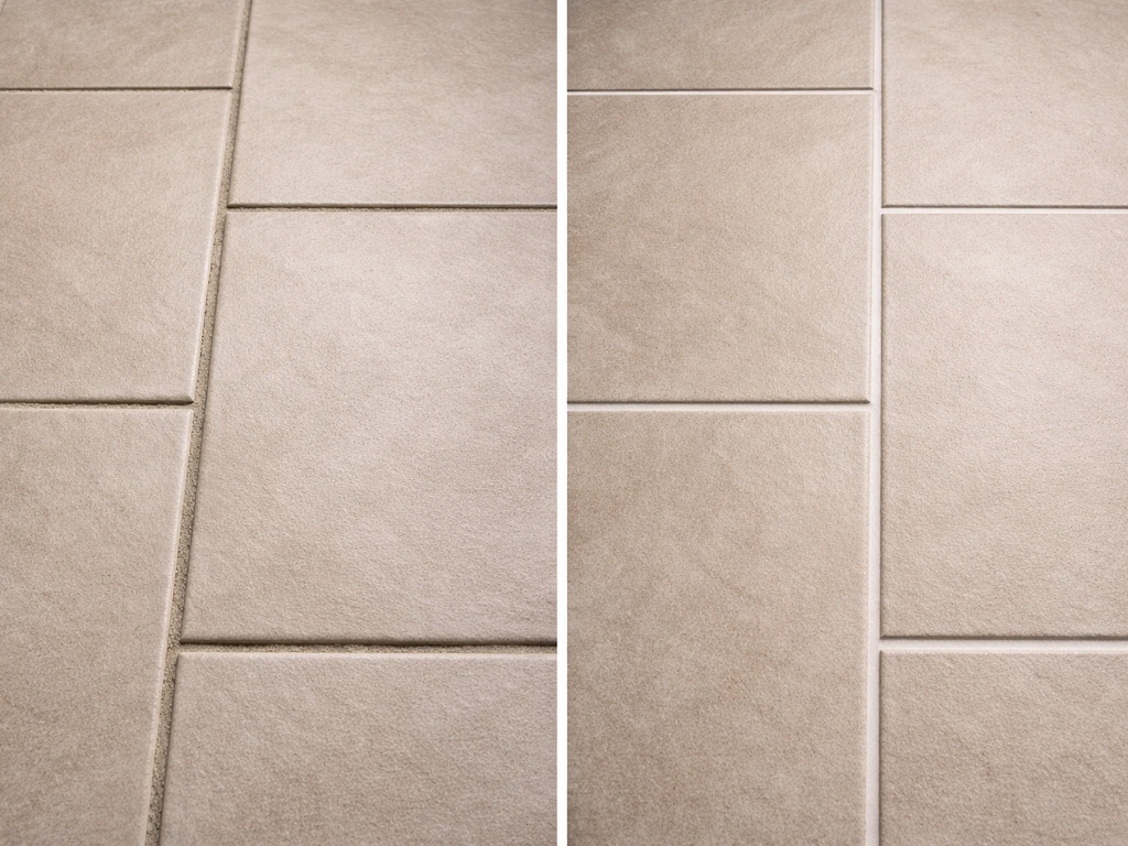 Two close-up tile sections showing seam misalignment before and aligned seams after consistent stamping direction