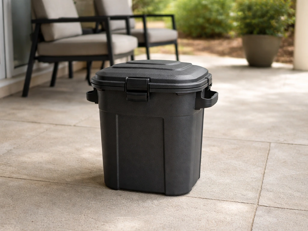 Compact weatherproof small patio trash can beside outdoor seating on a covered patio