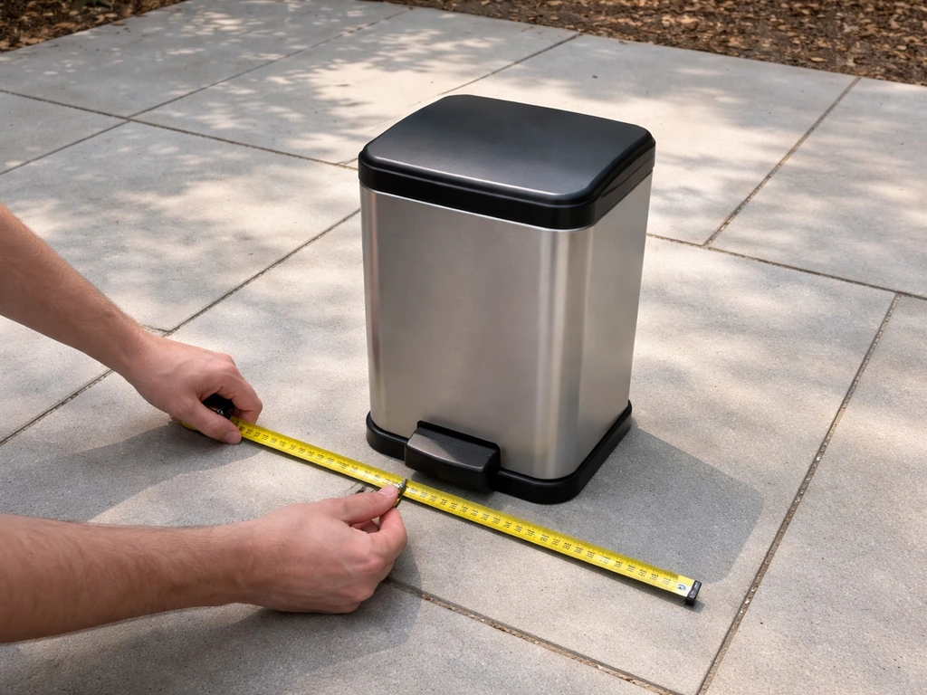 Person’s hands measuring a small patio area near a compact outdoor trash can with a tape measure