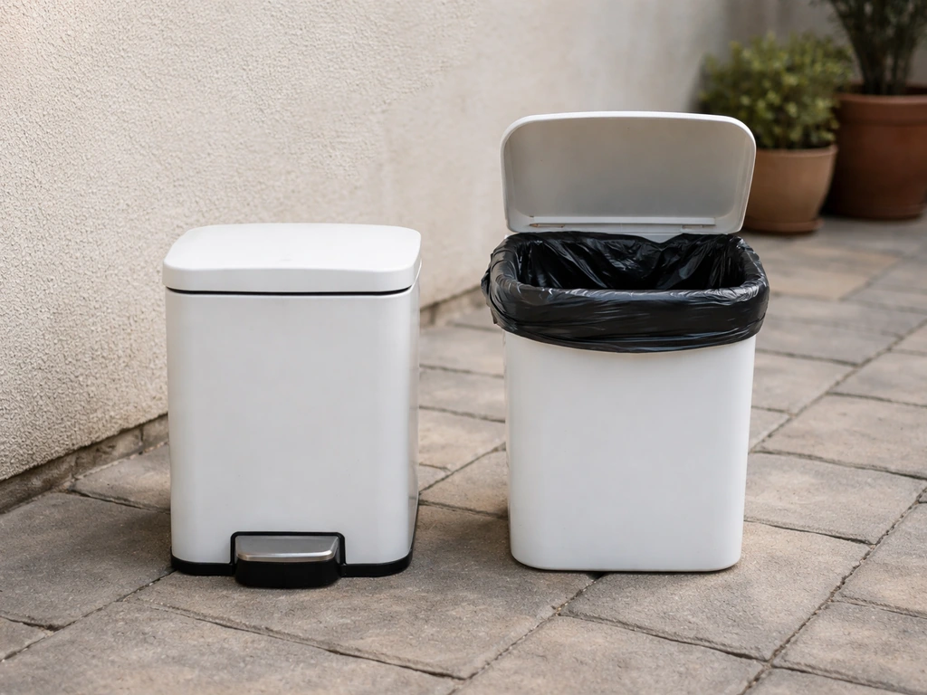 Small patio with a compact lidded step-pedal bin beside an uncovered bin for outdoor comparison.