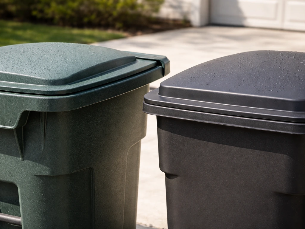Close-up of UV-resistant plastic and powder-coated outdoor bins, showing rain-shedding lids and finishes.