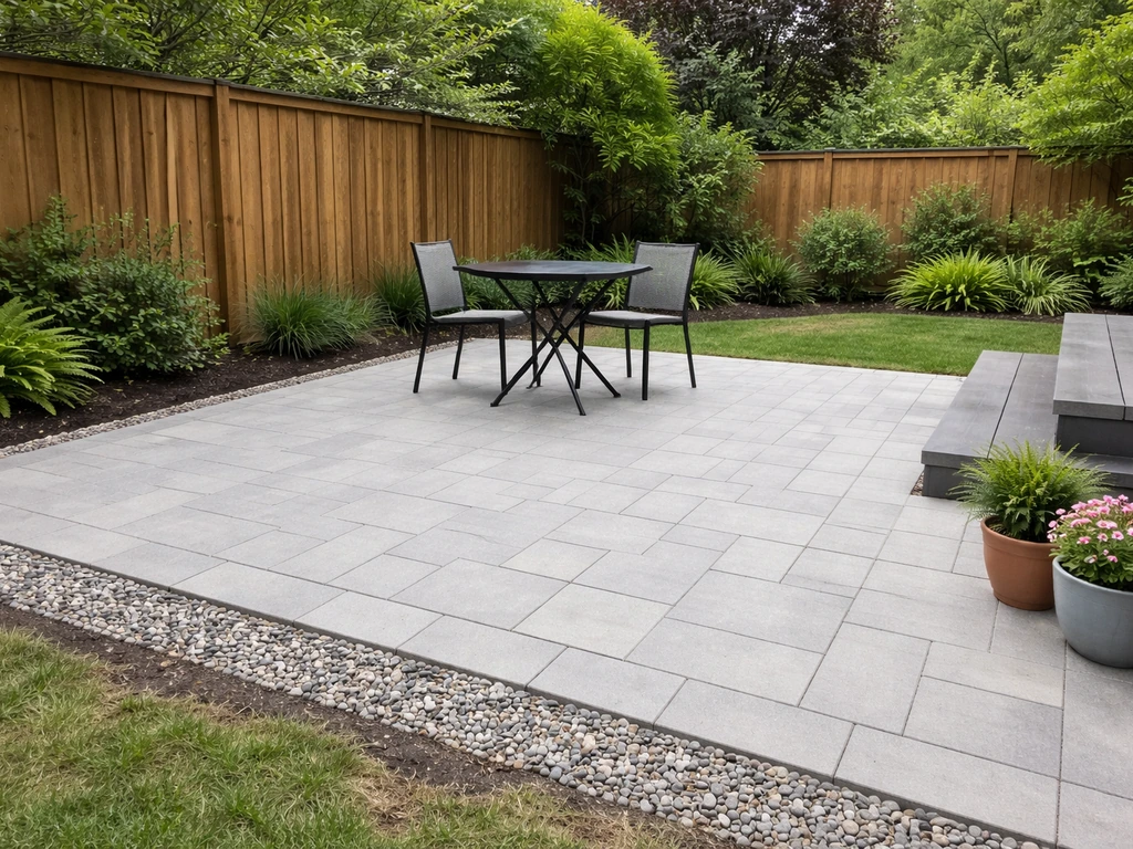 Clean paver backyard patio with neat edging and subtle drainage slope in a Portland-style yard