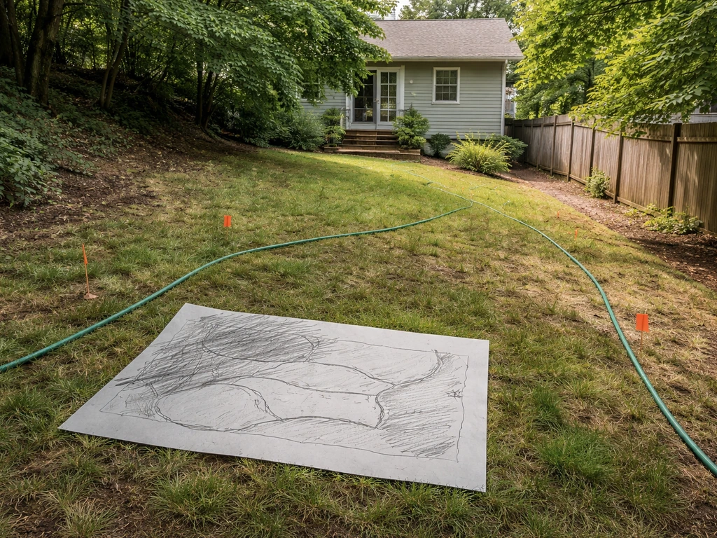 Portland backyard with sloped lawn and shaded vs sunny areas, plus a simple planning sketch overlay on the grass.