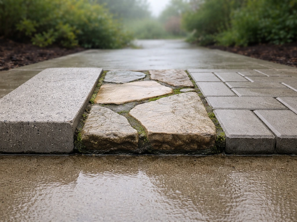 Three outdoor pavers beside each other showing different moss and algae risk in wet Portland-like weather.