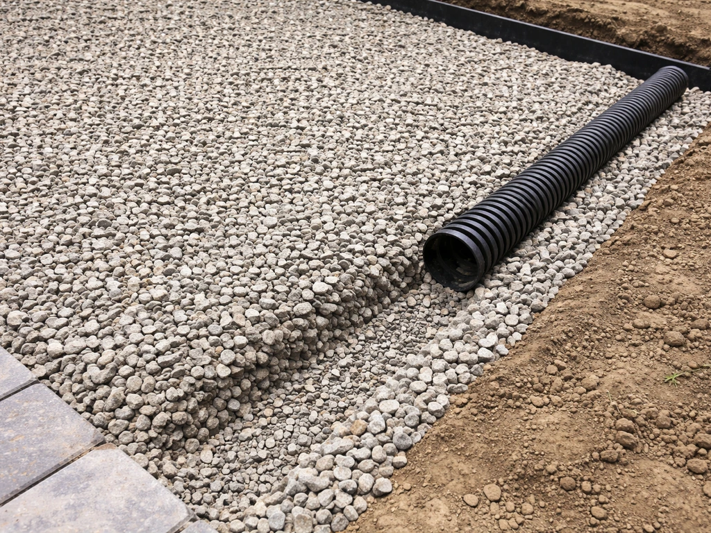 Close-up of angular gravel base with a French drain edge and outlet direction to prevent pooling under a patio.