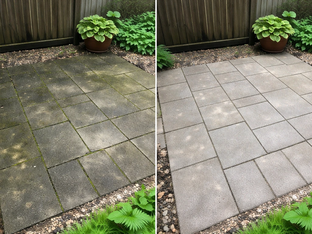Shaded concrete paver patio before/after moss and algae removal for treatment-ready surface.