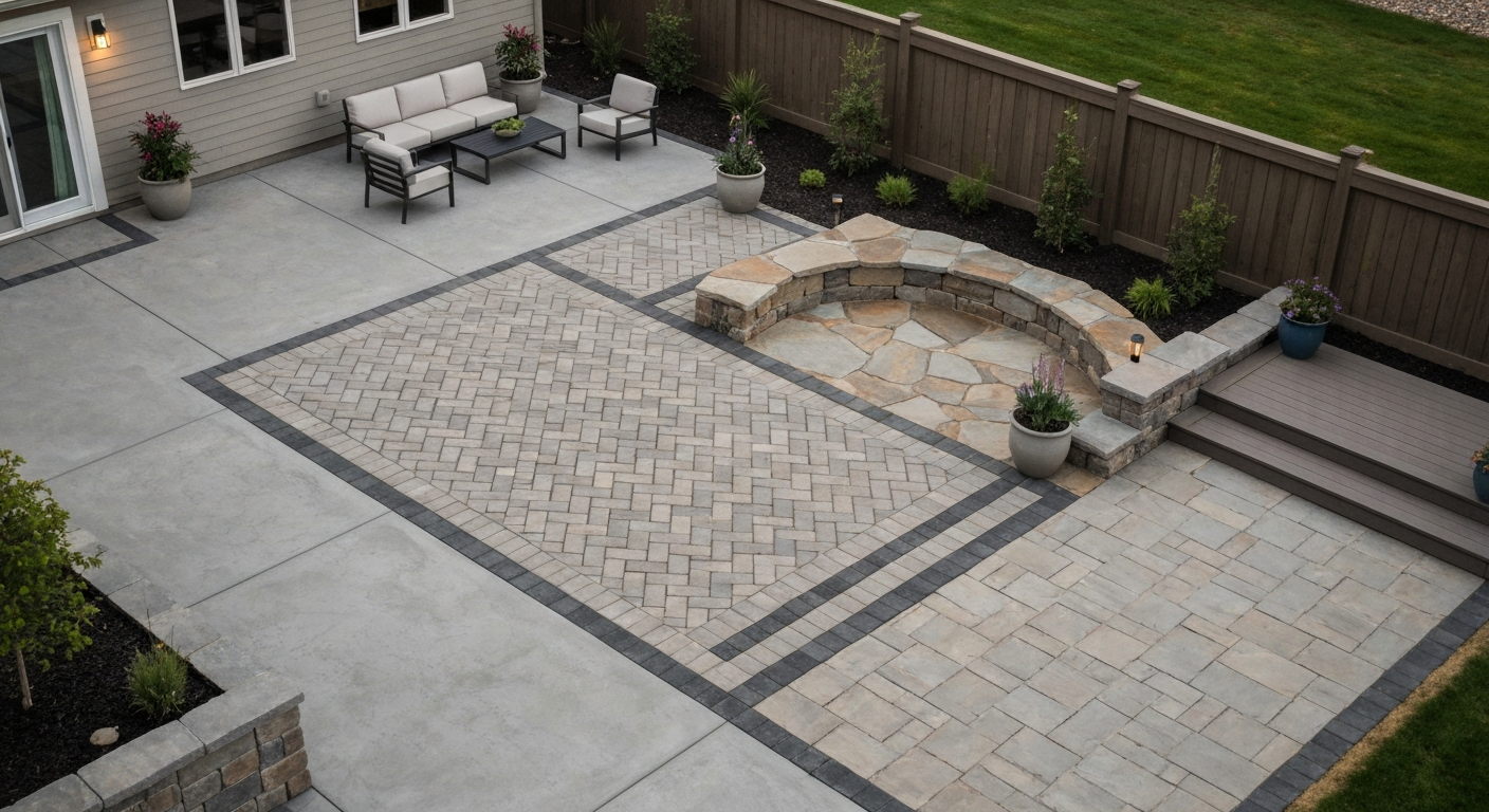 Aerial view of a backyard showing a concrete slab, interlocking pavers, flagstone seating area, and a small raised deck.