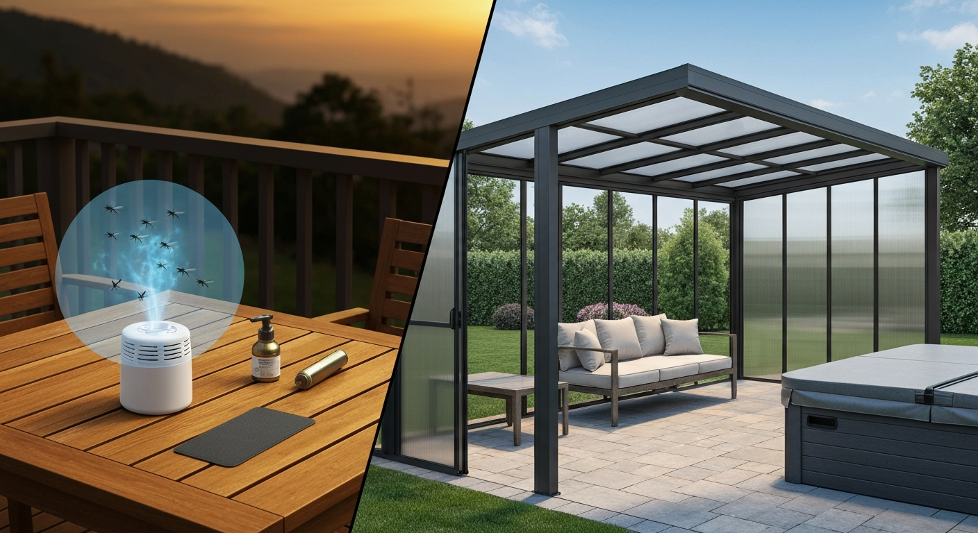 Split illustration: left — a small tabletop mosquito-repellent device on an evening patio with a faint protective halo repelling mosquitoes; right — a daytime patio with an insulated aluminum cover, polycarbonate side panels, lounge furniture and a closed spa cover.